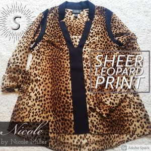 Nicole Miller Sheer Leopard Print & Black Blouse S